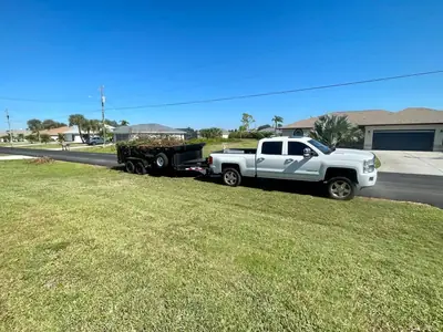 Pickup towing a trailer loaded with yard debris