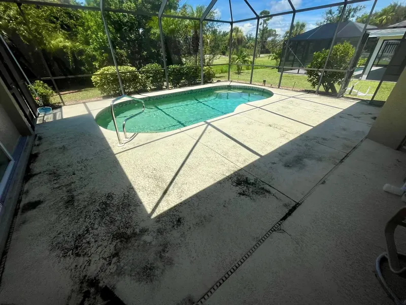 Pool deck with black mildew stains before cleaning