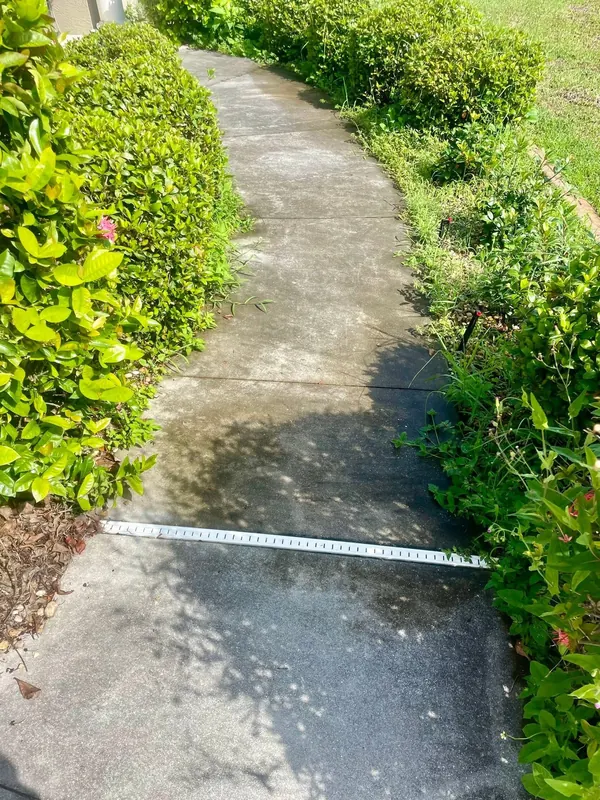Side walkway with dark stains before pressure washing
